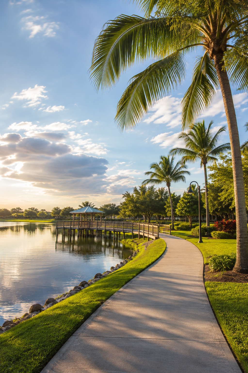 Peaceful lakeside walking path in Commons Park in Royal Palm Beach, Florida