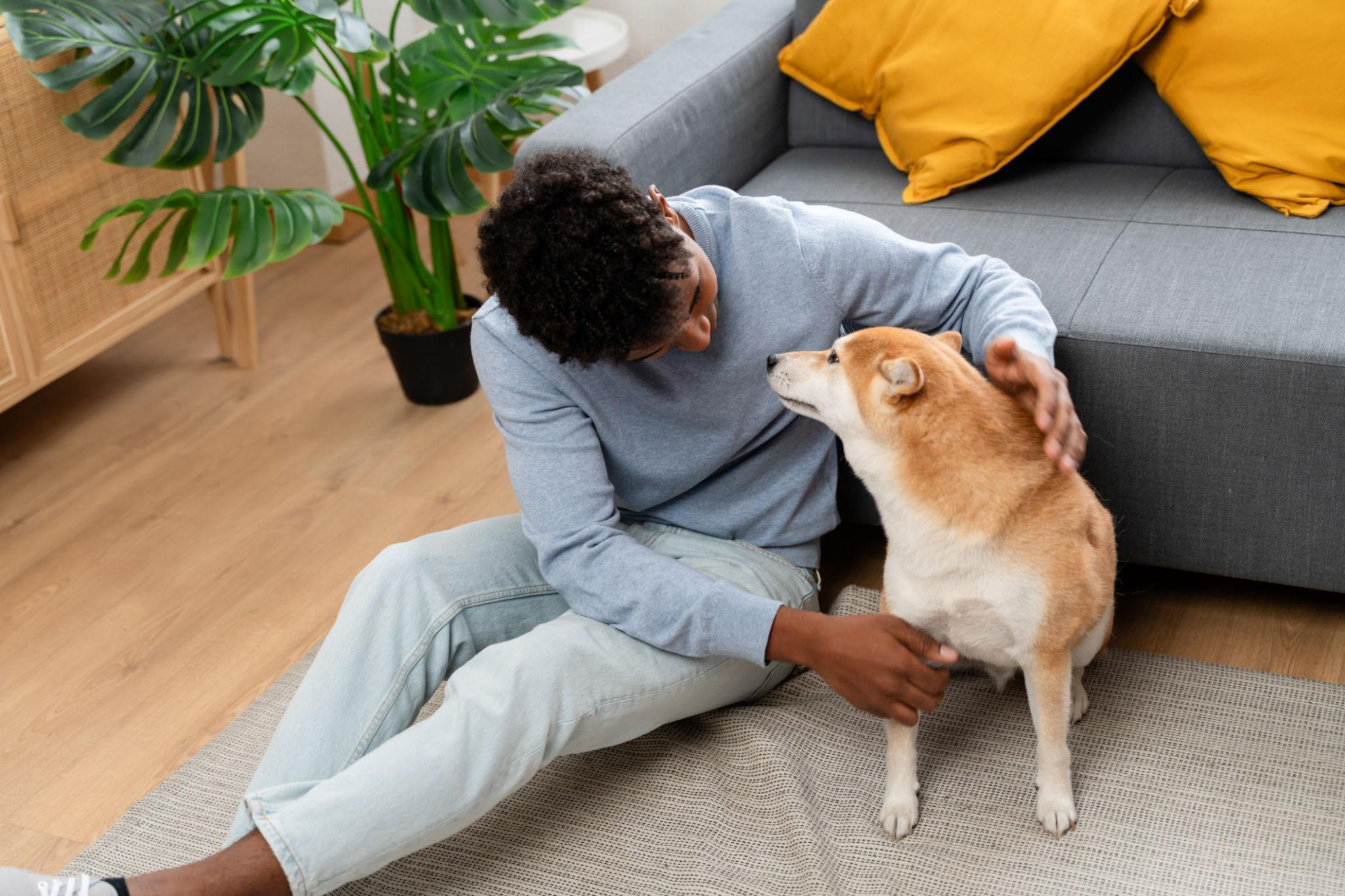 Man sitting on the living room floor beside a couch, gently petting his dog in a sunlit home.